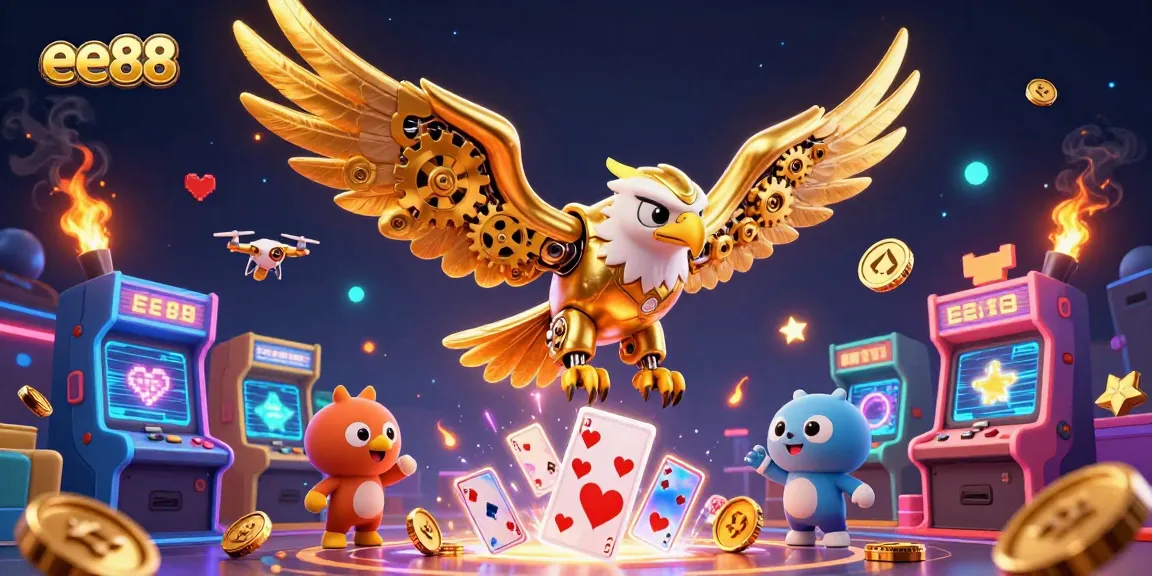 Experience thrilling wins with ee88's vibrant 3D casino gaming scene of eagle and arcade machines.