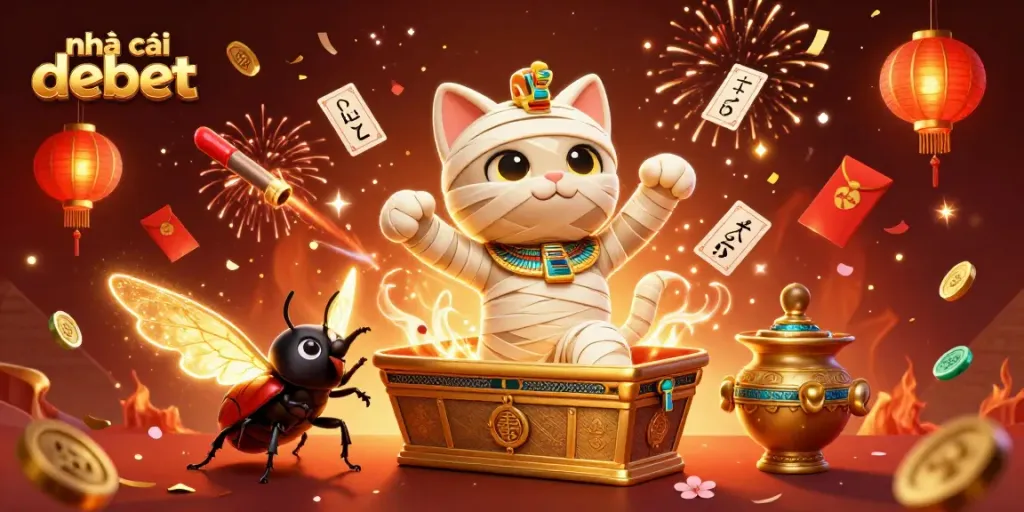 Experience thrilling gaming at nhà cái debet with an Egyptian mummy cat, glowing scarab, and floating cards.