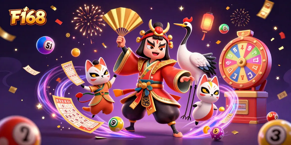 Players enjoy exciting games at F168, surrounded by vibrant lottery elements and celebratory confetti.