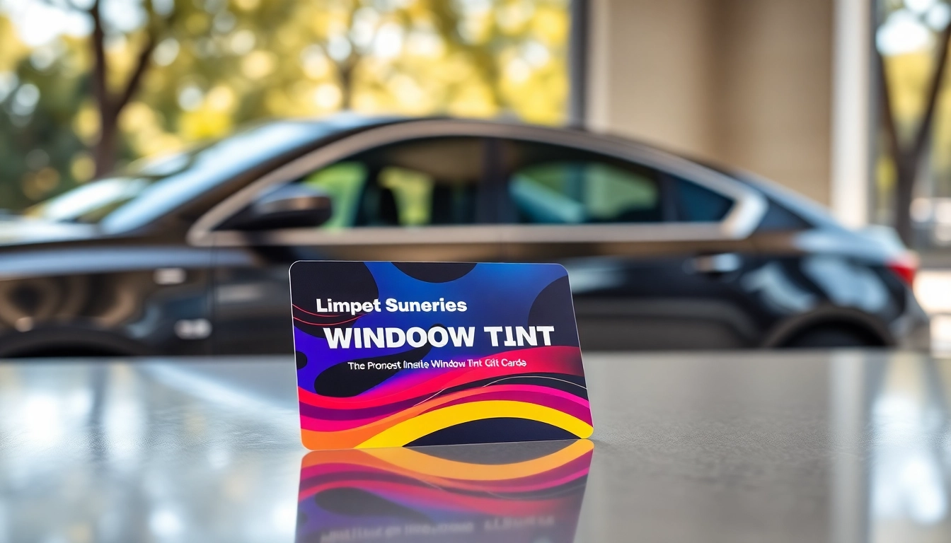 Showcase a vibrant window tint gift card against a luxurious background highlighting its premium features.