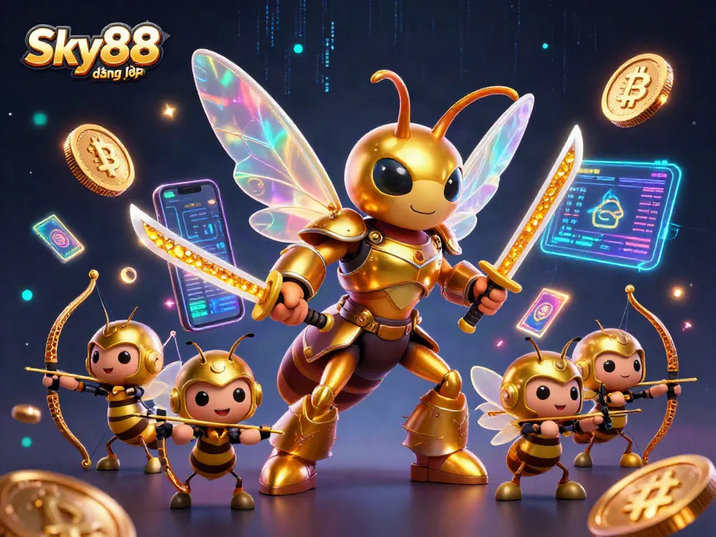 Experience Sky88 đăng nhập with strategic gaming amidst vibrant digital elements and characters.