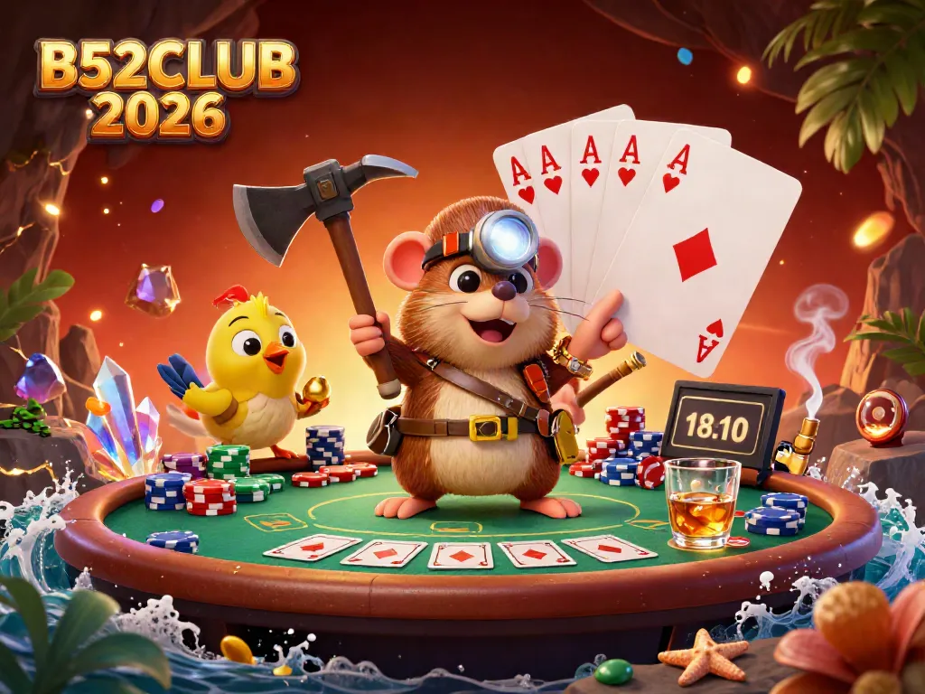 Engage with the thrilling experience of B52CLUB 2026, showcasing a cartoon mole and canary in a vibrant gaming scene.