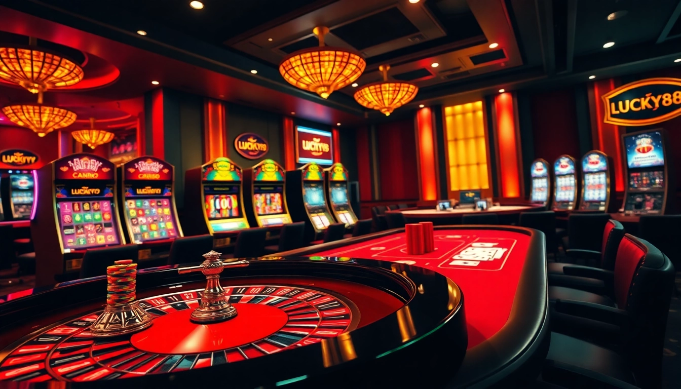 Experience the thrill of betting with LUCKY88 COM, featuring an elegant casino setup with vibrant roulette and slot machines.