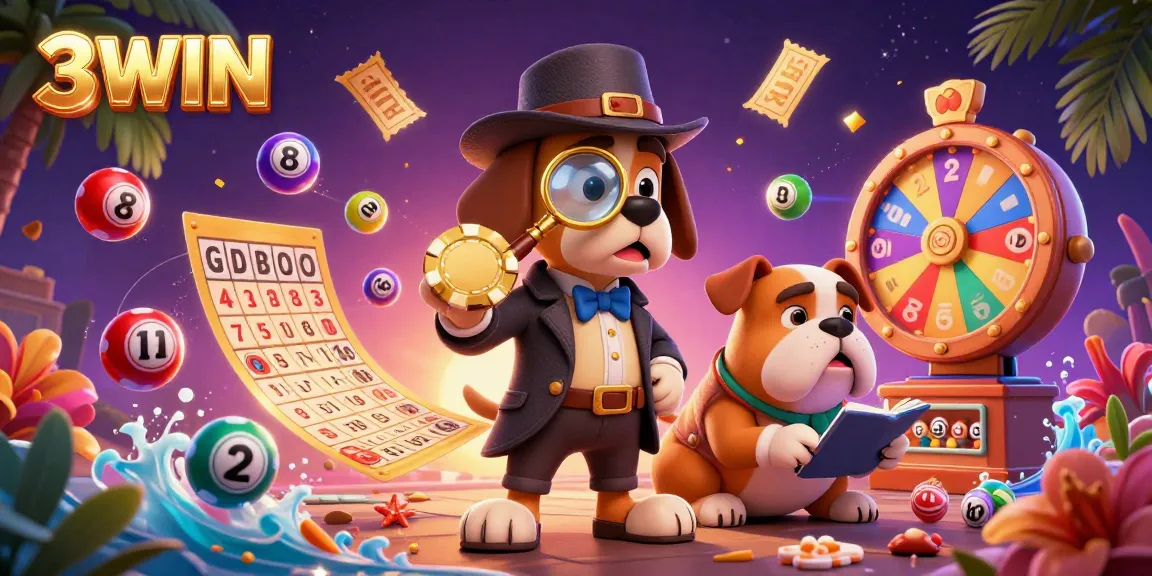 3WIN casino gaming experience with a detective dog duo, revealing poker chips and lottery elements.