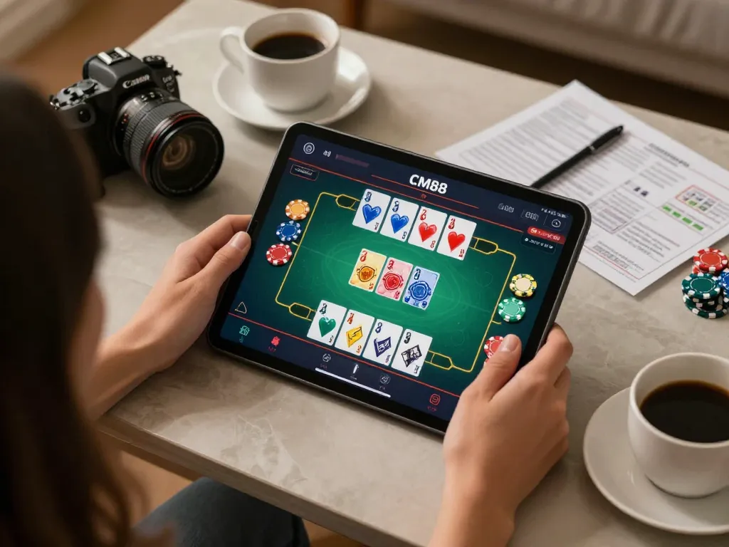Engaged player on CM88 tablet showcasing lively online casino gameplay in a cozy home.