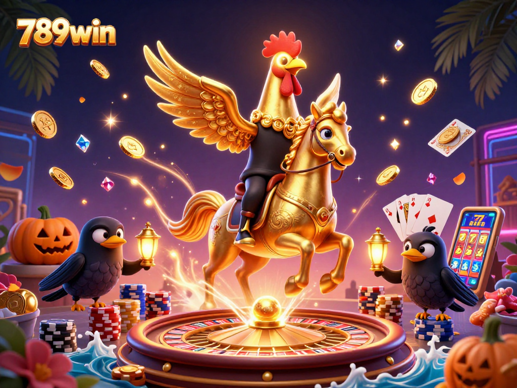 Spin and win at 789win with stunning 3D casino illustration of a golden rooster and mates.