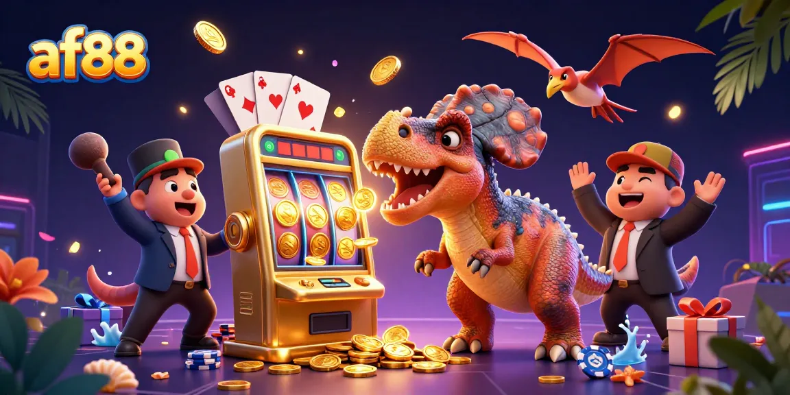 af88 casino illustration featuring a pachycephalosaurus winning coins from a slot machine.