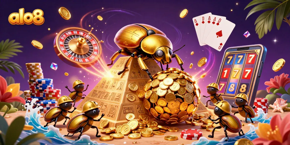 Alo8 offers an engaging 3D casino experience with massive golden beetles rolling coins amid dynamic gaming elements.