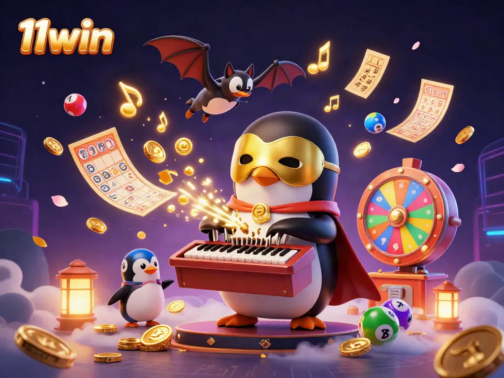 Experience thrilling gameplay with 11win, featuring a penguin organist and dynamic casino elements.
