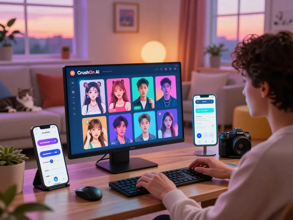 Engaging user interaction with CrushOn AI's customizable character avatars in a cozy home setting.