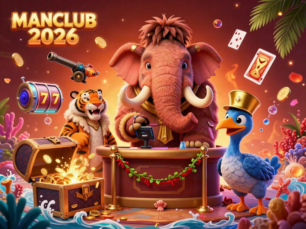 Experience the excitement of MANCLUB 2026 with a dynamic casino scene featuring a woolly mammoth bouncer and rich game elements.