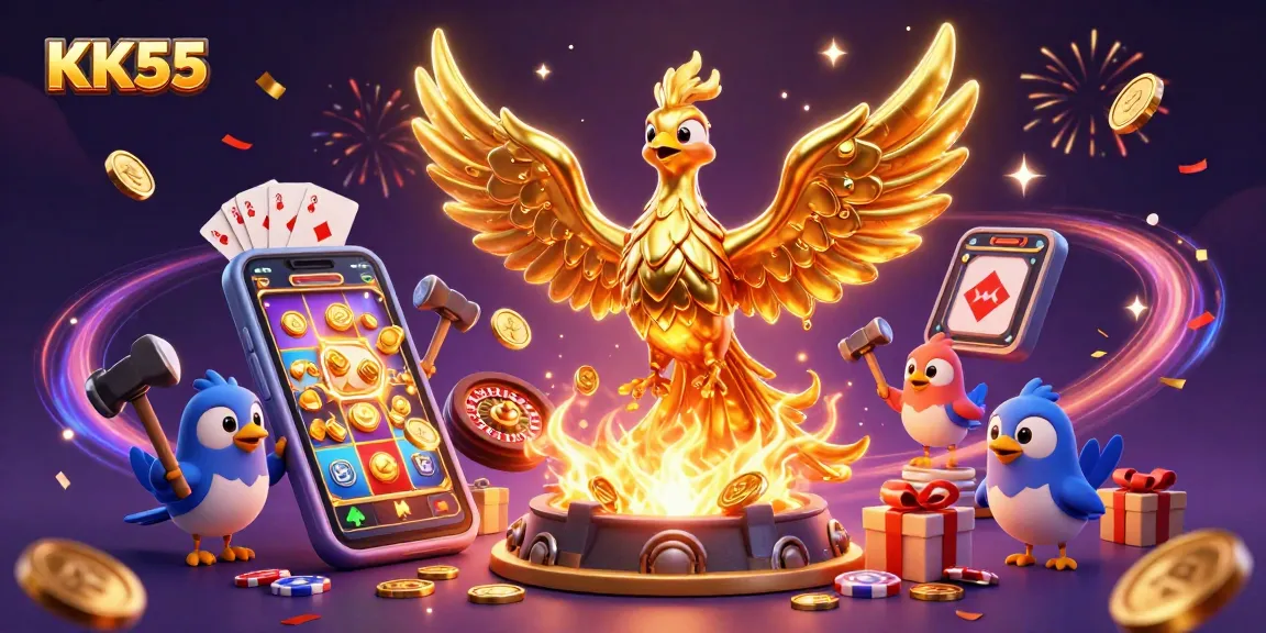 Experience thrilling wins at KK55, where golden phoenixes signify jackpot excitement in a vibrant casino.