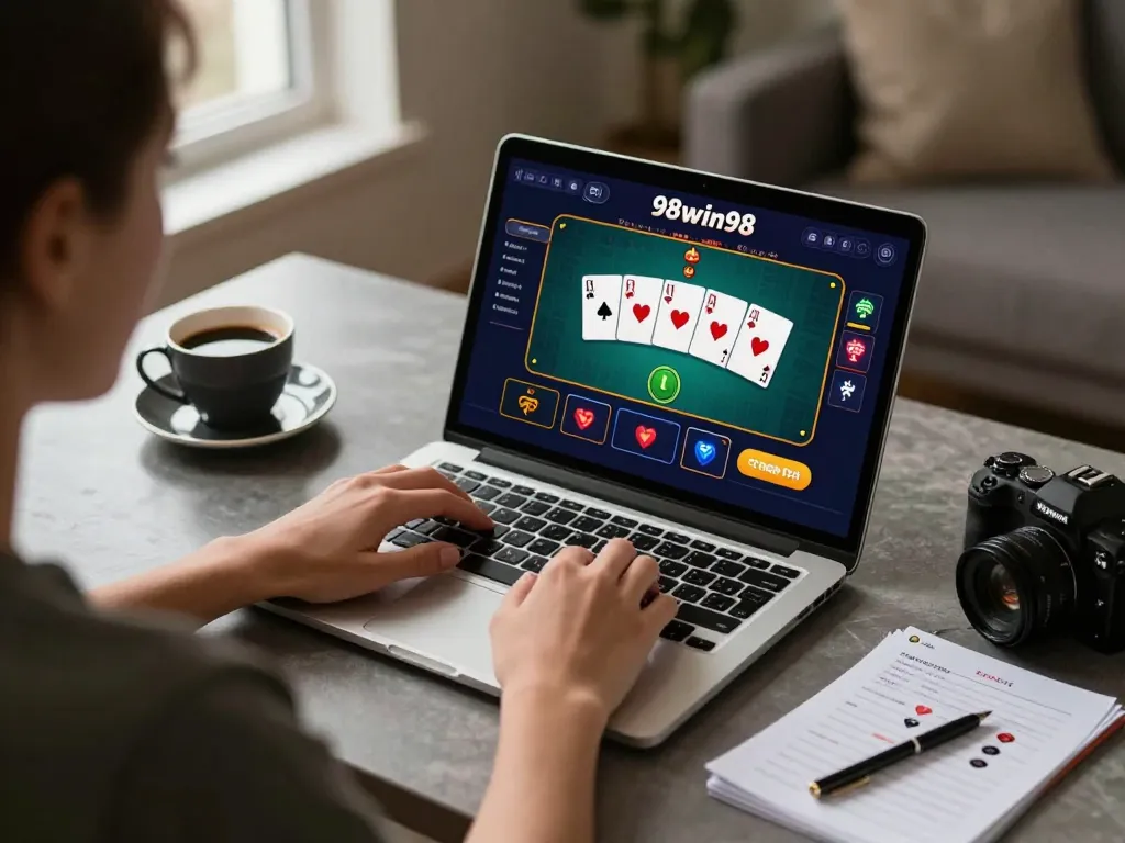 A person engaging with poker gameplay on a laptop, showcasing a strategic approach with 98win98.