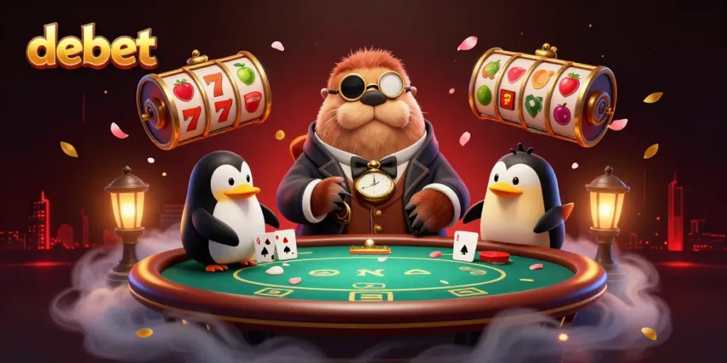Experience the lively debet gaming scene with a whimsical walrus, penguin dealer, and a bluffing pufferfish at poker.