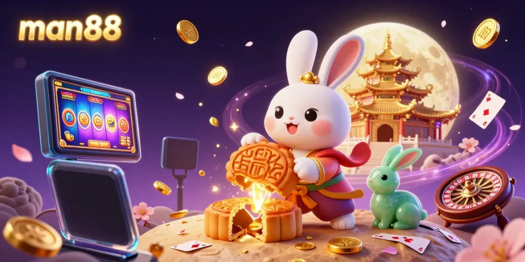 Discover exciting gaming with Man88's whimsical moon rabbit and vibrant casino elements.
