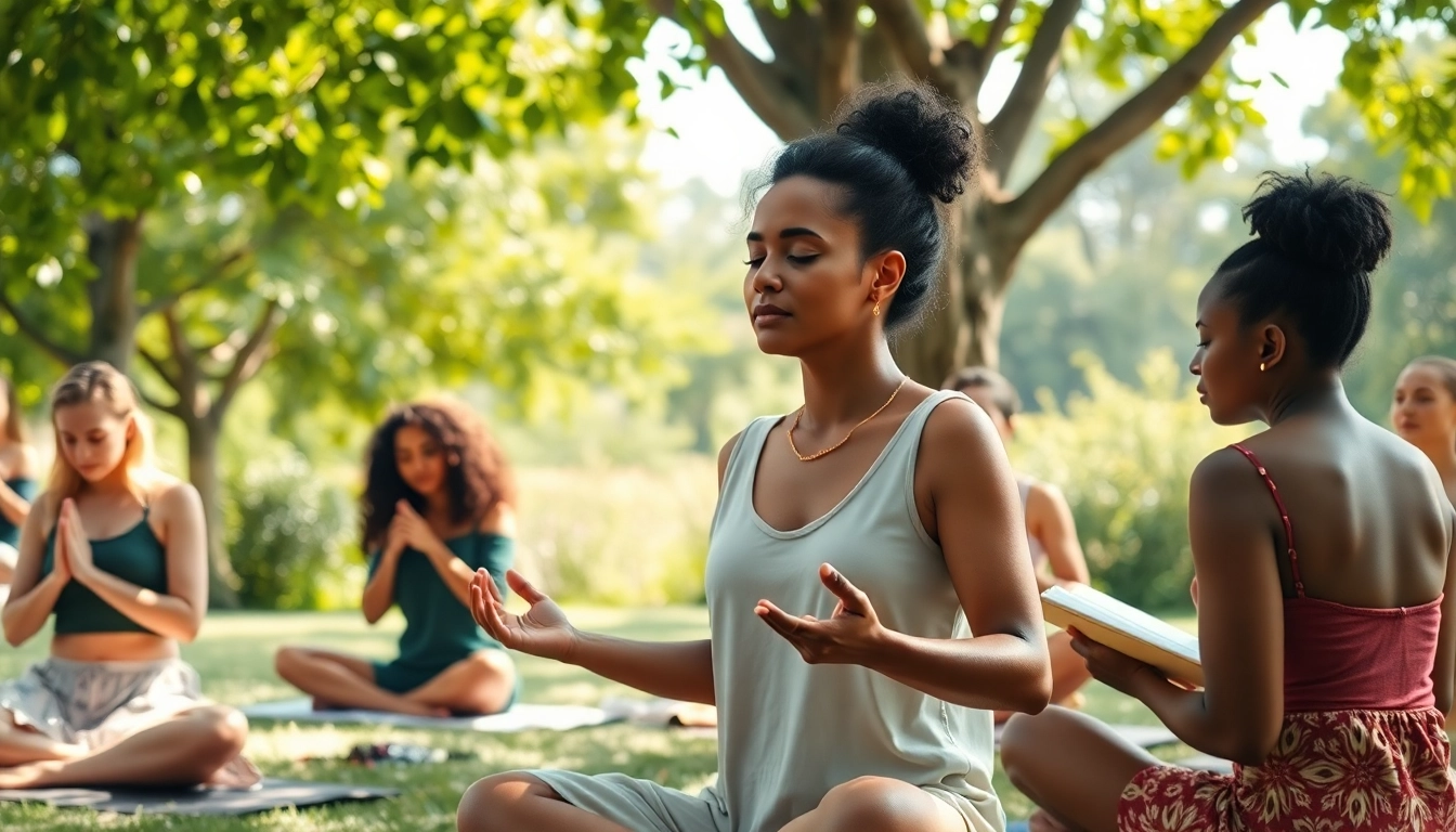 Enhancing emotional wellbeing through mindfulness activities in a serene park setting.