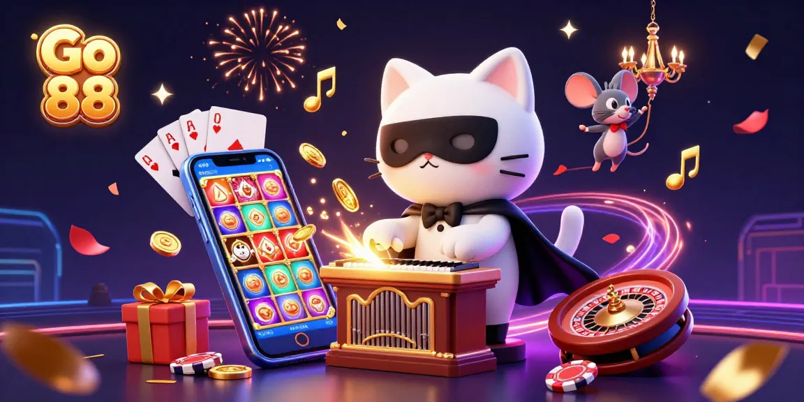 Engage with Go 88's thrilling casino experience, showcasing a cartoon cat at a stunning organ surrounded by slot game excitement.