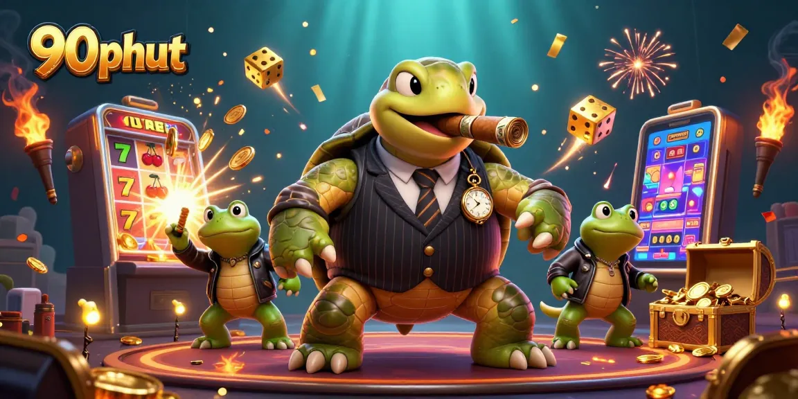 Engage in thrilling 90phut gaming with vibrant characters amidst dynamic casino elements.