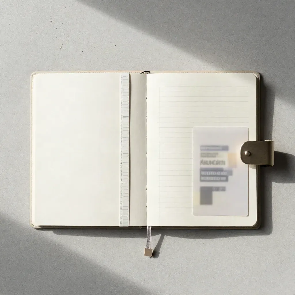 Üstten çekilmiş, düzenli yerleştirilmiş iki dilli proje planlayıcı folyosu ve iki defter.