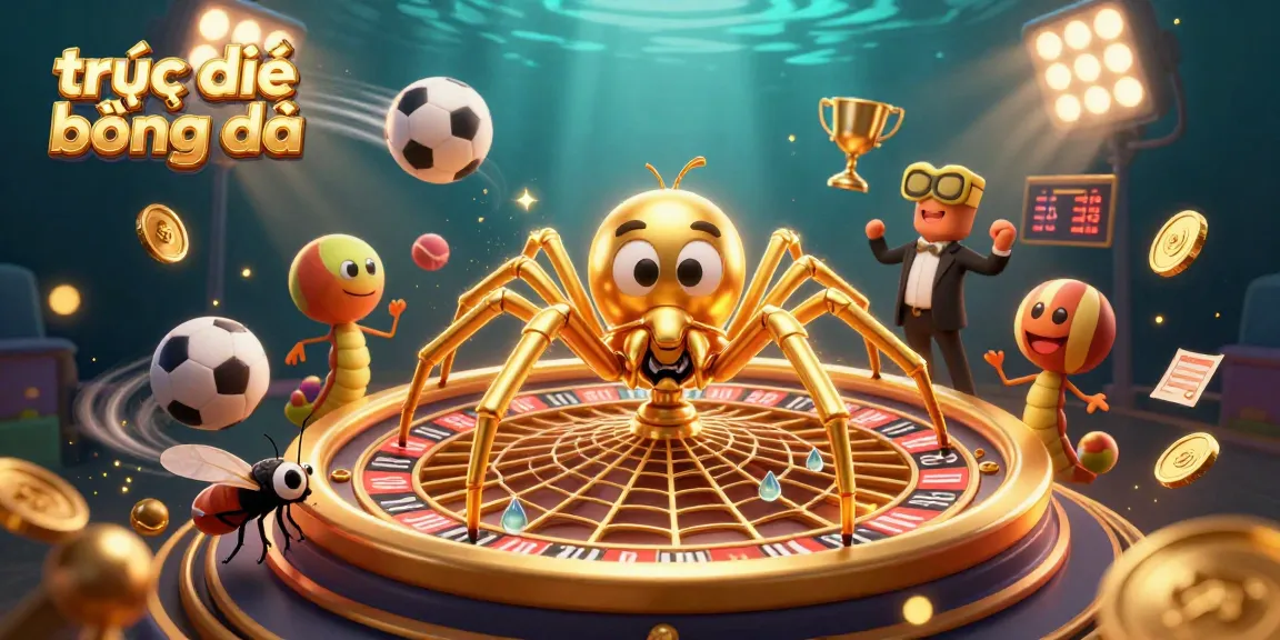 Experience trực tiếp bóng đá as a golden spider spins a roulette wheel web in this vibrant gambling scene.