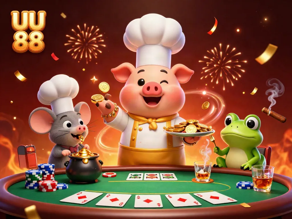 Chef pig serves gold coins in an exciting UU 88 casino scene with colorful poker elements.