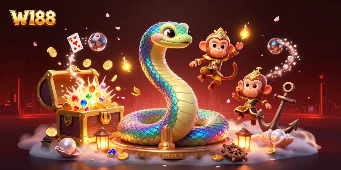 Join the excitement with W188 as a vibrant rainbow serpent and monkey king surround treasure-filled casino elements.