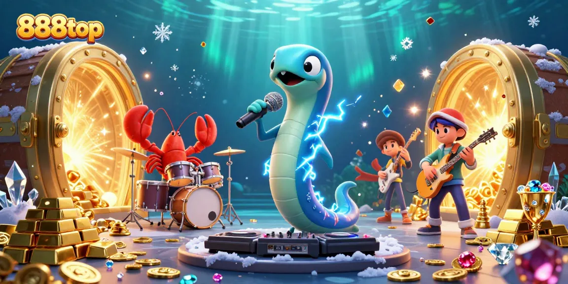 Engage with 888top's vibrant underwater casino scene showcasing gold treasures and animated characters.