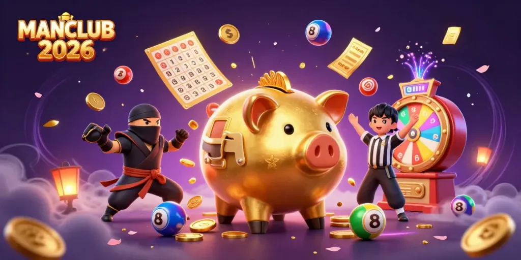 Experience thrilling fun at MANCLUB 2026 with energetic golden gaming characters and vibrant casino elements.