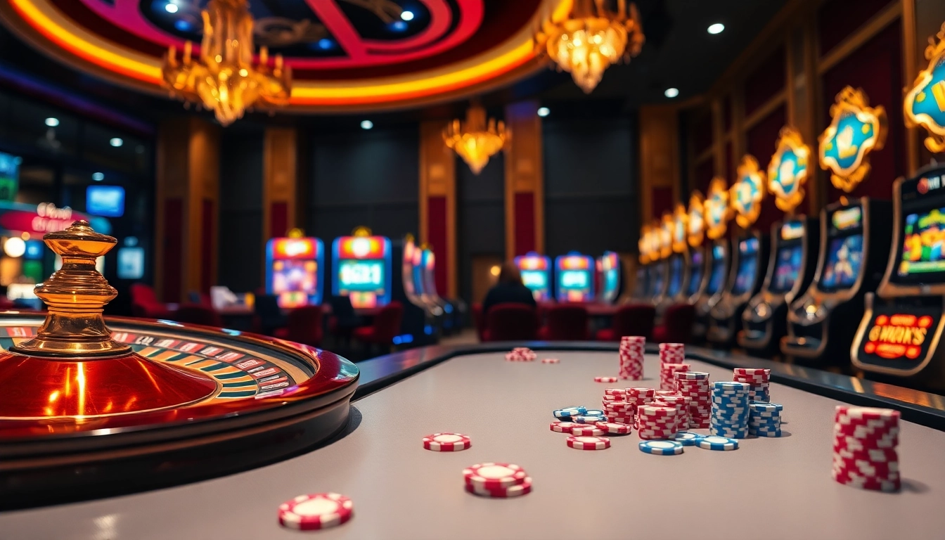 Engage in thrilling online gambling action at https://thabet88.site/ with vibrant casino visuals featuring roulette and slot machines.