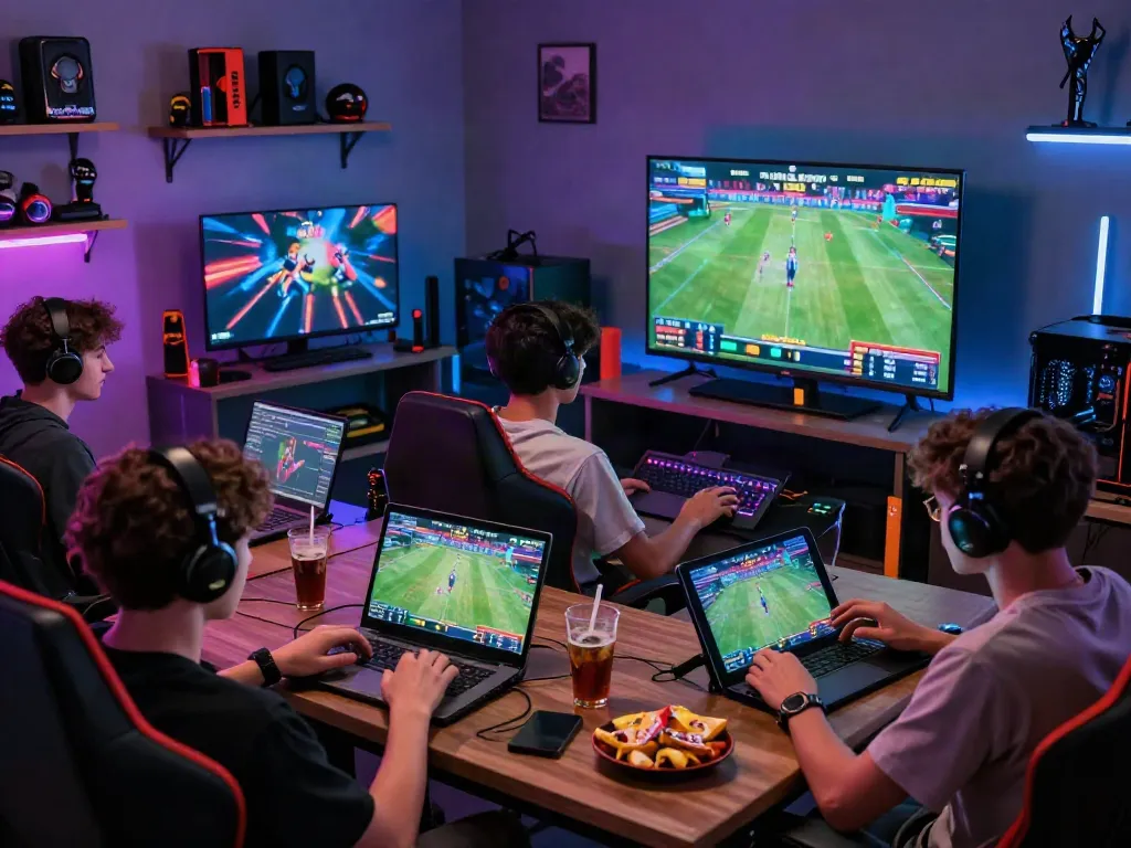 Friends engaging in online gaming at https://man88.hair/ in a lively, modern setup.