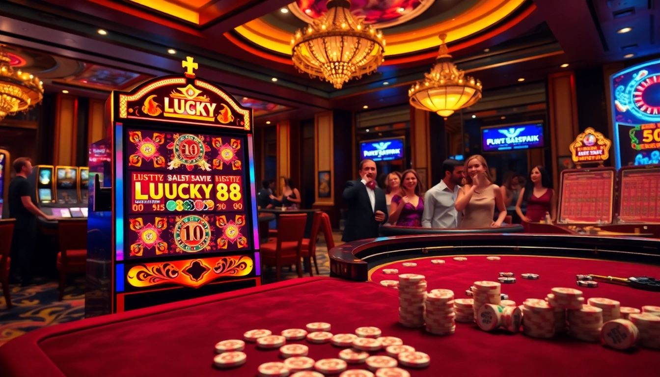 Experience the thrill of LUCKY88 at a luxurious casino slot machine surrounded by eager players.