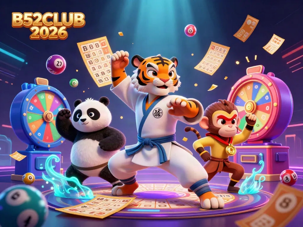 B52CLUB 2026 showcases a fun-filled casino scene with cartoon characters enjoying vibrant lottery games and prizes.
