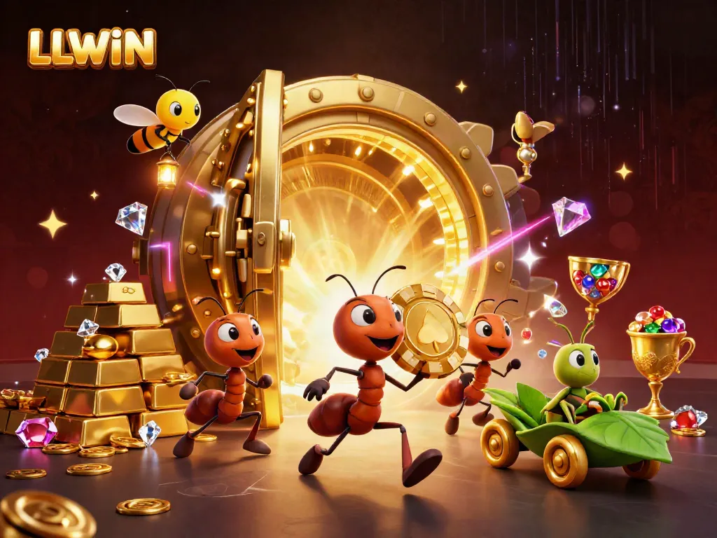 Engaging LLWIN scene with vibrant ants carrying a giant poker chip in a colorful casino tunnel.