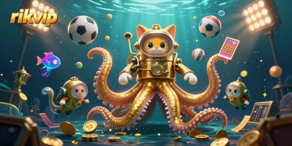 Experience the exciting world of rikvip with a kraken, diving cat, and dynamic gambling elements.