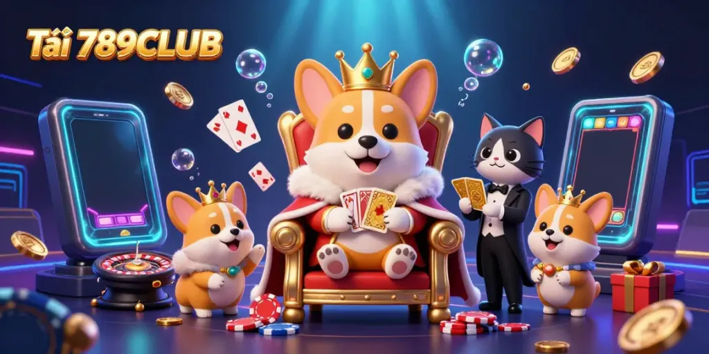 Tải 789CLUB with an enchanting 3D illustration of a royal corgi surrounded by vivid casino elements and a colorful smartphone interface.