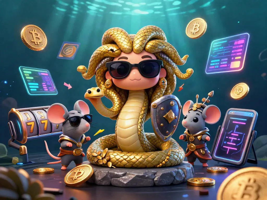 Experience the excitement of DN88 with a fun Medusa and warrior mouse surrounded by cryptocurrency aesthetics and slot game elements.