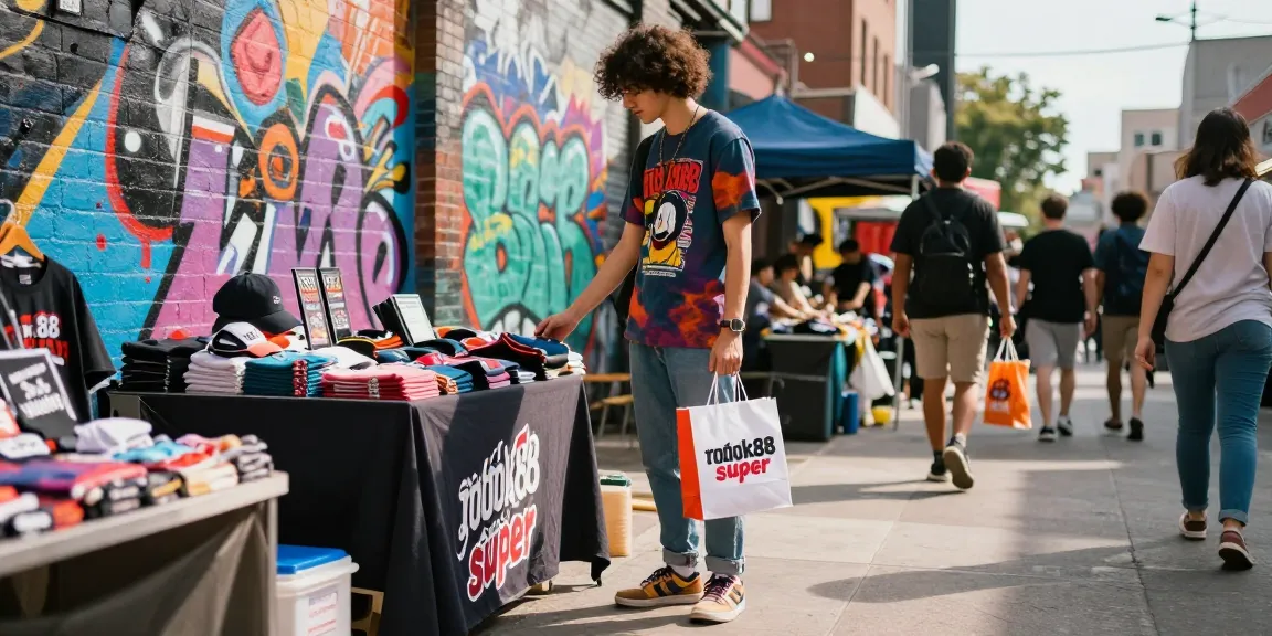 Engaging urban scene showcasing a young adult with rokok88 super merchandise in a vibrant street