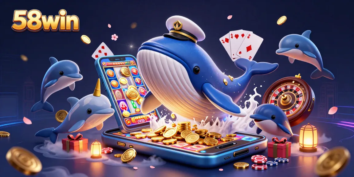 Engage with 58win's dynamic casino world showcasing a playful whale and dolphins amidst vibrant gaming elements.