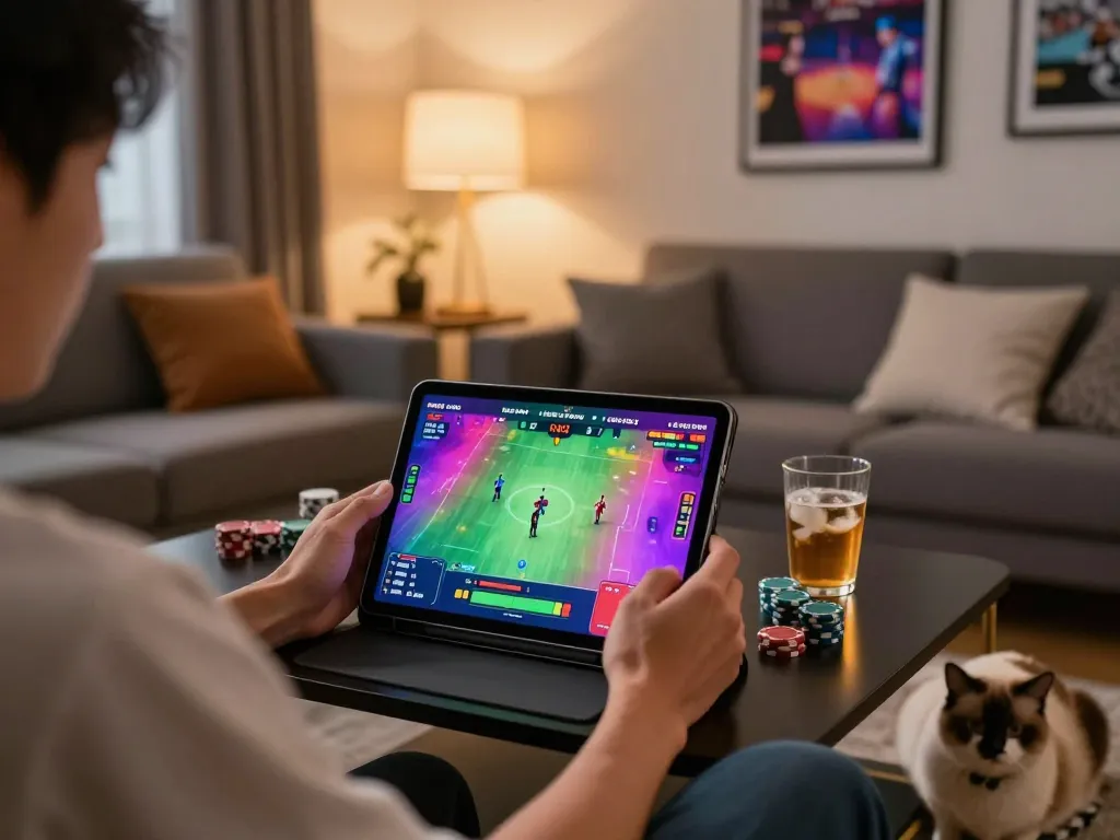 Engaging live đá gà trực tiếp session on a tablet, offering a colorful gaming experience in a cozy home.