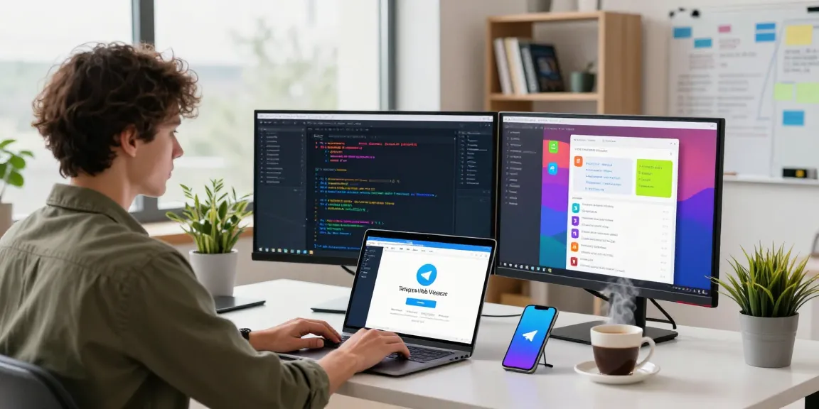 Tech-savvy individual using Telegram Web Version on a laptop in a modern workspace.