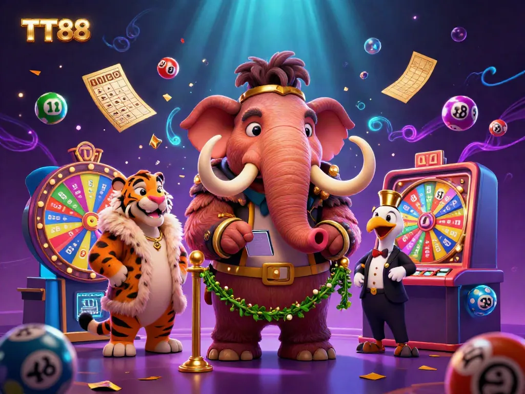 Engaging TT88 casino scene with a woolly mammoth bouncer checking IDs, colorful lottery balls, and vivid prizes.