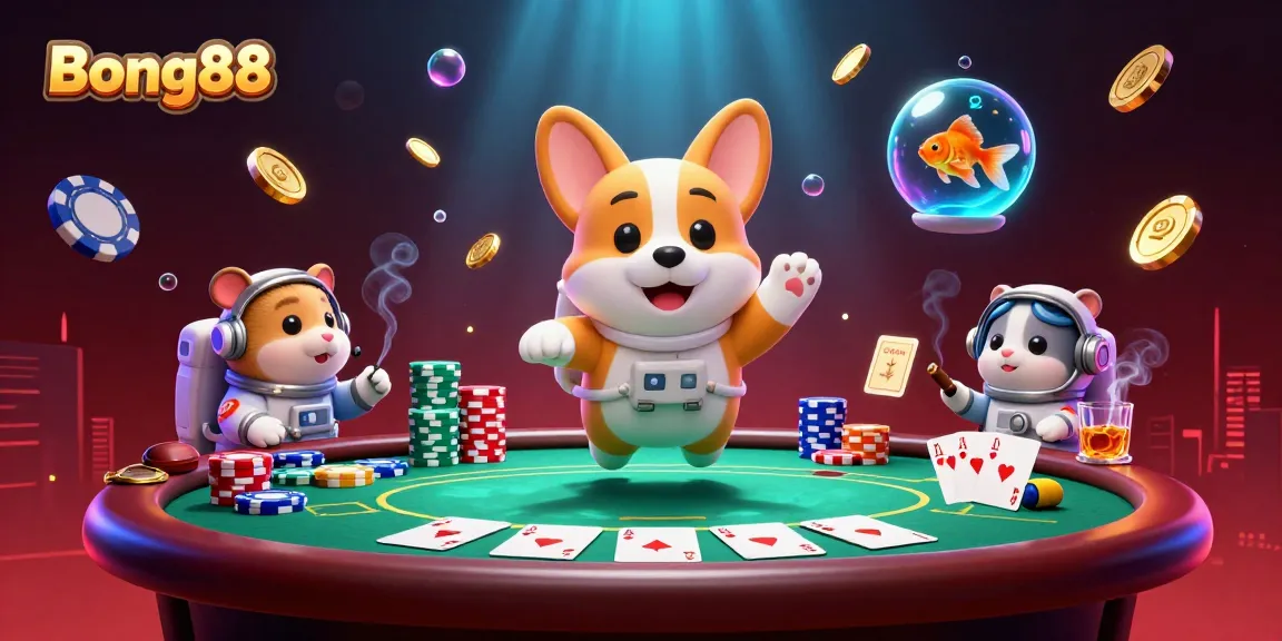 Experience exciting gaming at Bong88 with a floating corgi astronaut and dynamic casino elements.