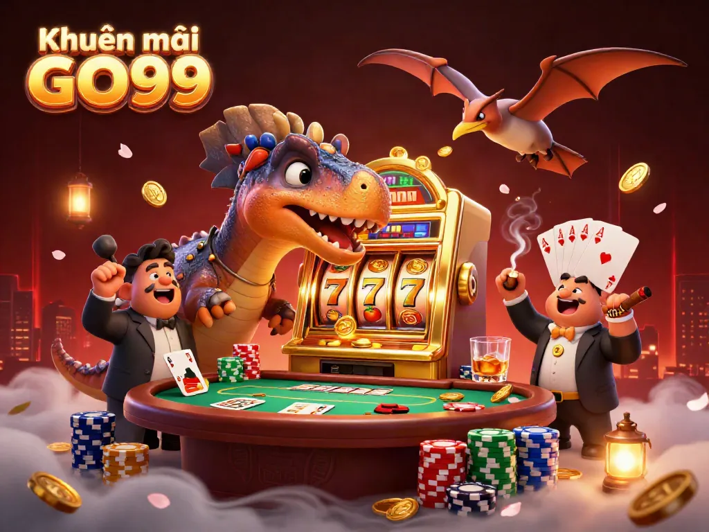 Experience exciting Khuyến mãi GO99 with dinosaurs in a vibrant casino scene, showcasing jackpots and coins.