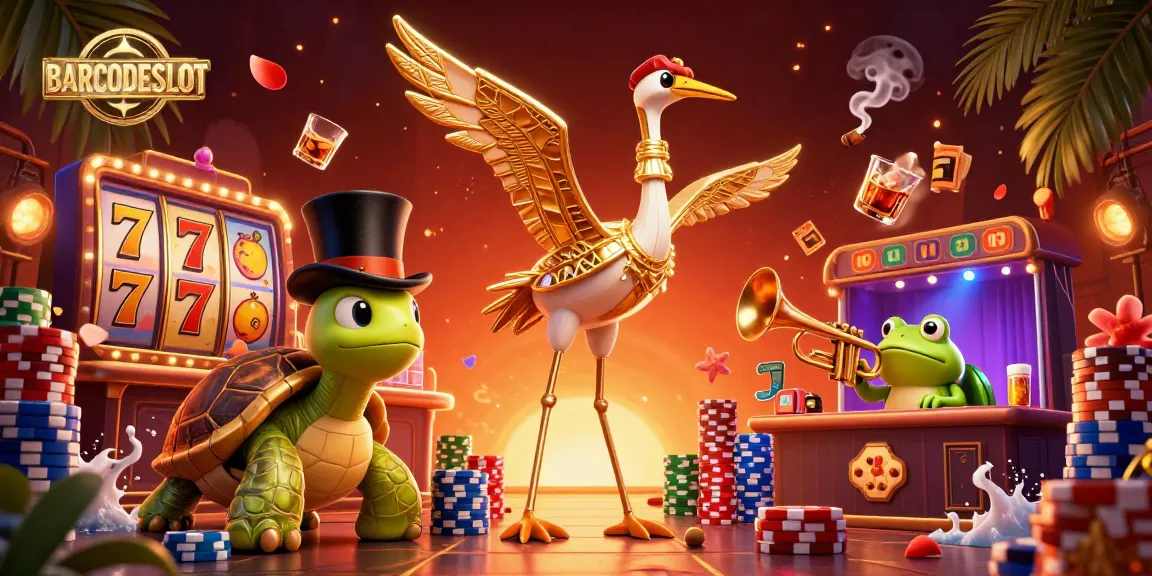 BARCODESLOT showcases an exciting 3D illustration of a flapper-style crane, turtle, and frog at a vibrant casino scene.