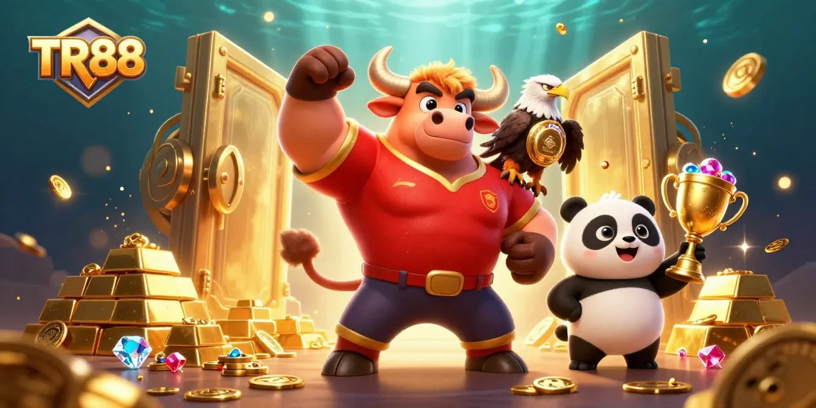 Win big at TR88 with exciting gold and gems in a vibrant casino scene featuring charming characters.