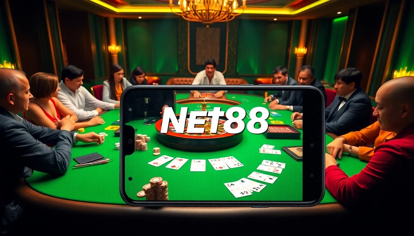 Engage in high-stakes betting with the NET88 app at a vibrant casino table filled with chips and cards.