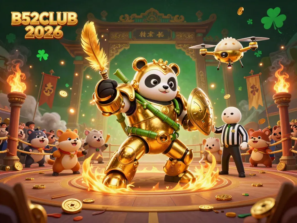 Engaging scene of B52CLUB 2026 with a golden panda in mech-suit battling in a thrilling arena.