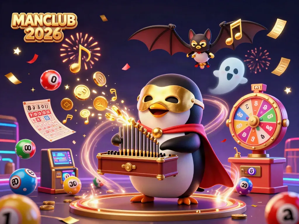 Experience the excitement of MANCLUB 2026 with a vibrant 3D casino illustration featuring a whimsical penguin and dynamic game elements.