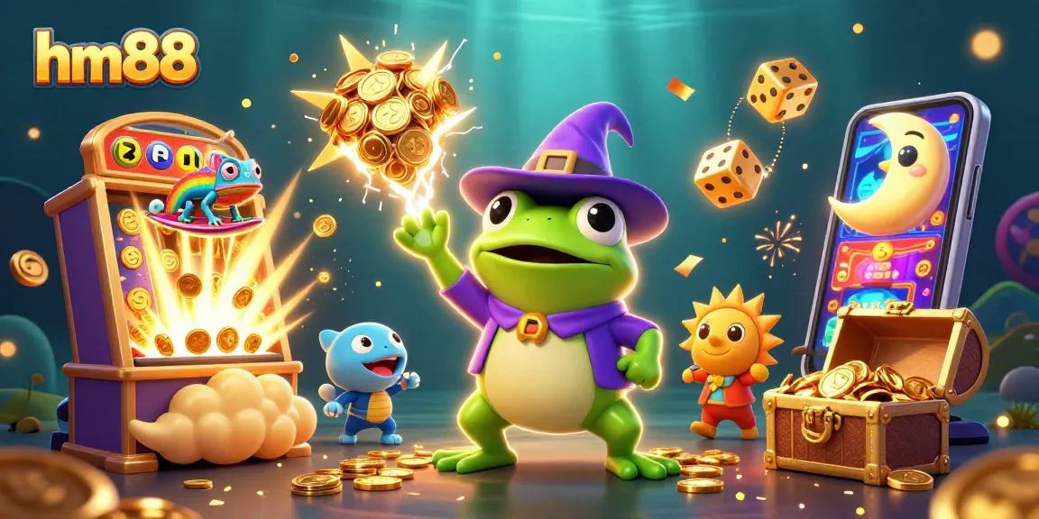 Experience gaming excitement with hm88 as a cartoon wizard frog and chameleon bring the casino to life.