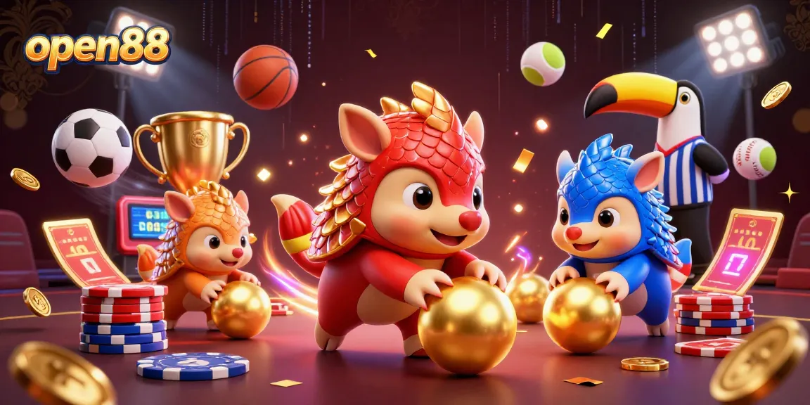 Engaging open88 scene with rival pangolins competing amidst golden poker chips and sports elements for victory.